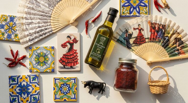 a flatlay of Spanish travel gifts and souvenirs while shopping