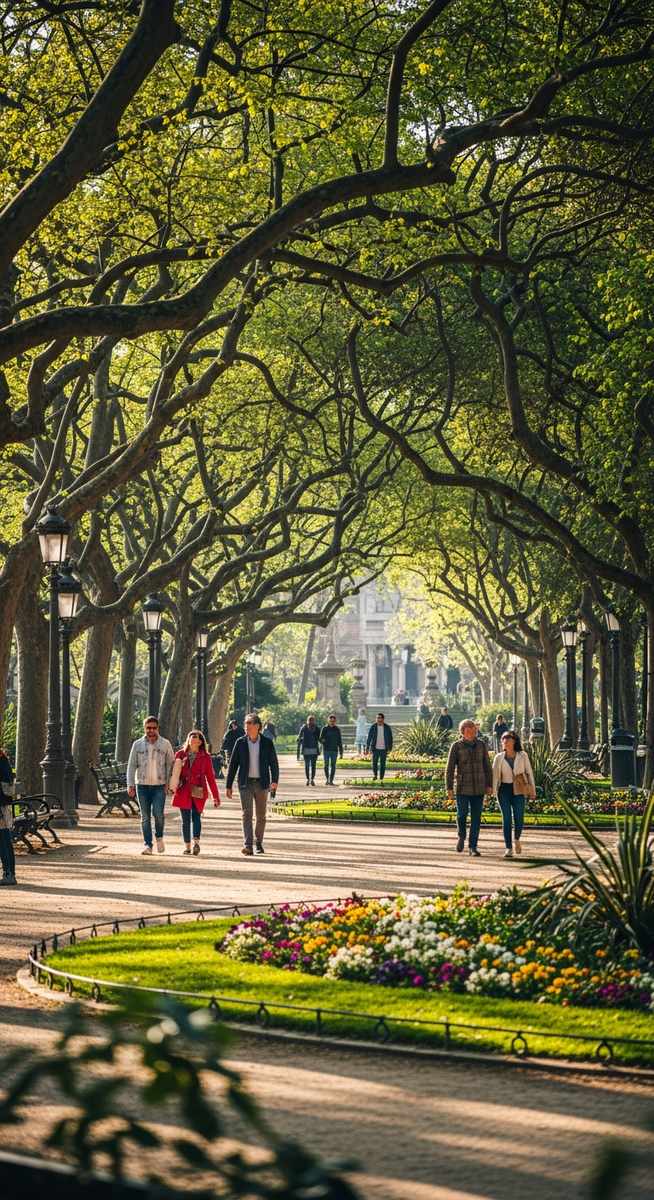 a Barcelona park with lush trees and people walking