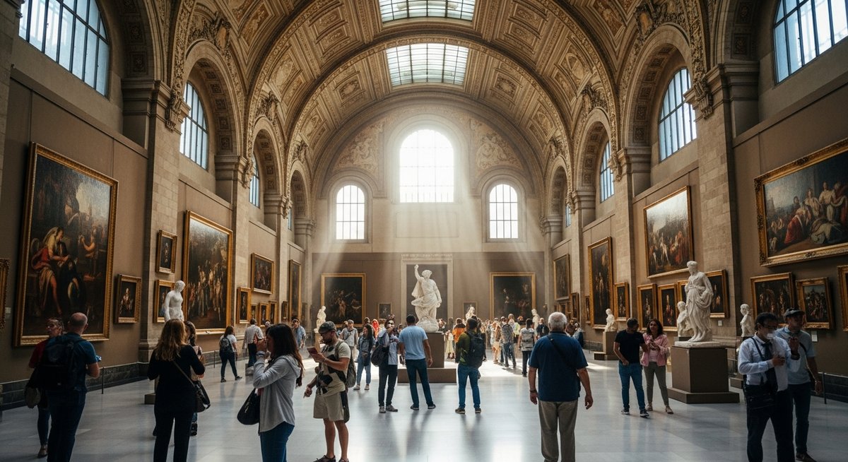 a grand museum interior in Barcelona with visitors