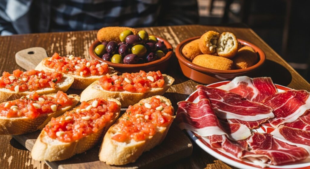 a spread of Spanish tapas on a restaurant table in Barcelona featuring tapas