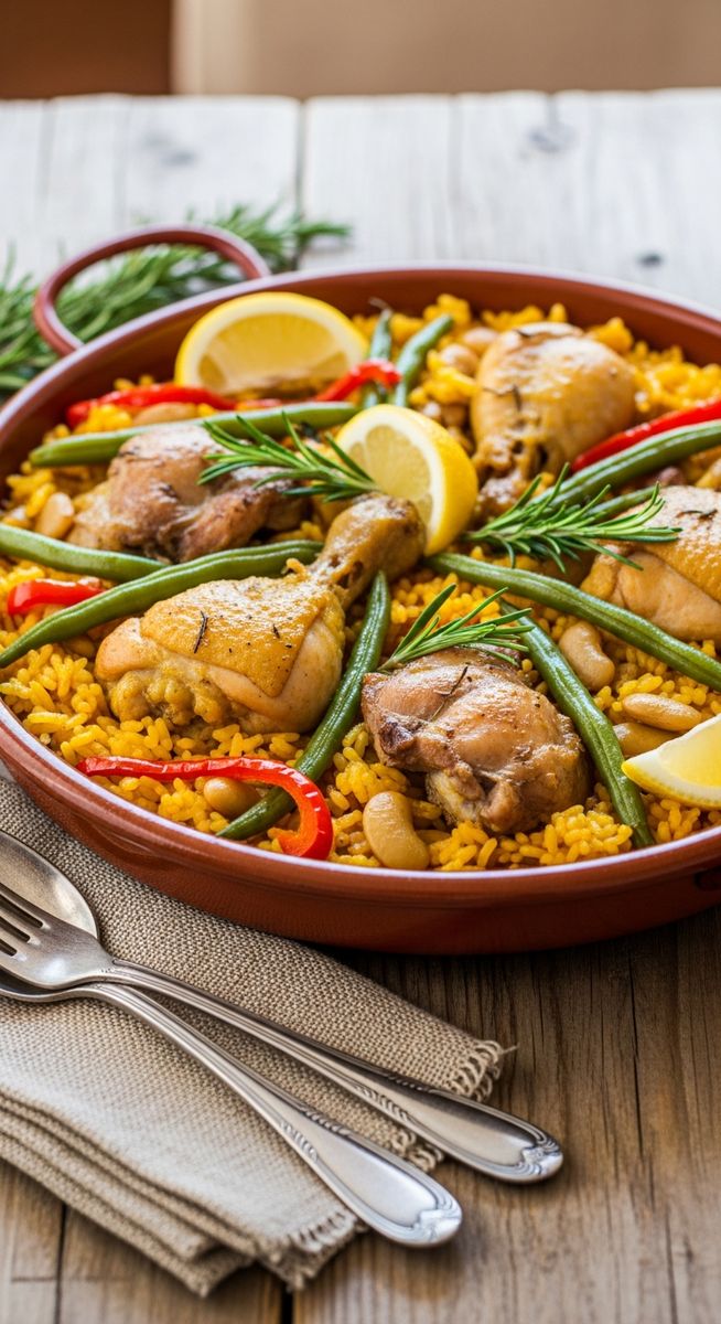 a bowl of paella valenciana in a terracotta dish