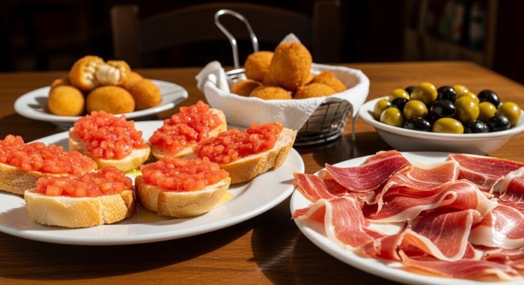 a spread of Spanish tapas on a restaurant table in Valencia featuring tapas