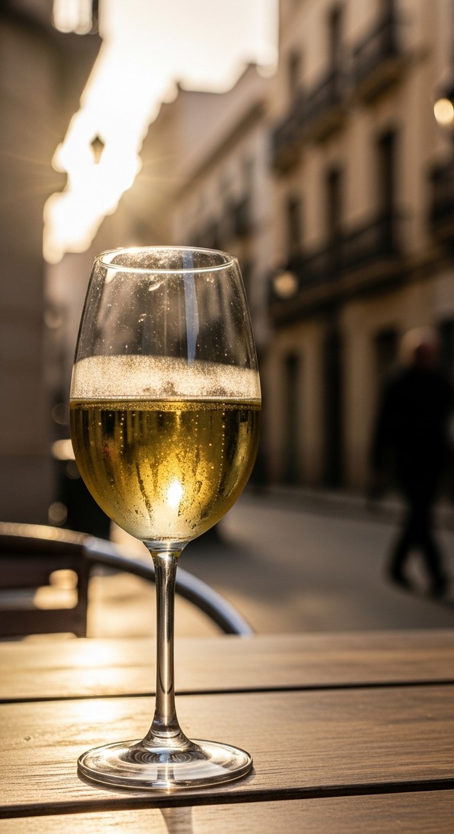 a glass of Spanish wine on a cafe table in Valencia featuring tapas