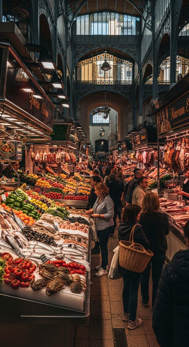 a Valencia food market with colourful stalls
