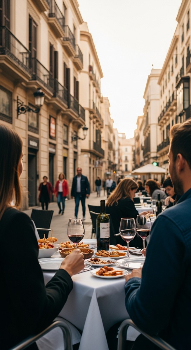 two friends at a restaurant terrace in Valencia with food and wine