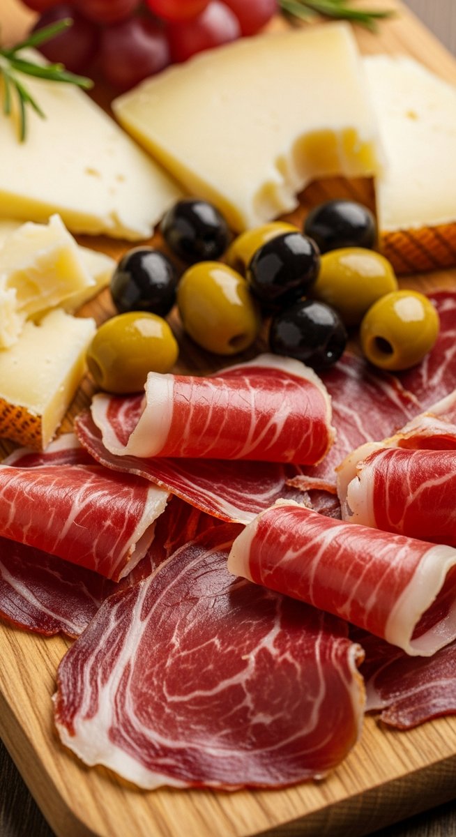 Spanish charcuterie on a wooden board featuring tapas
