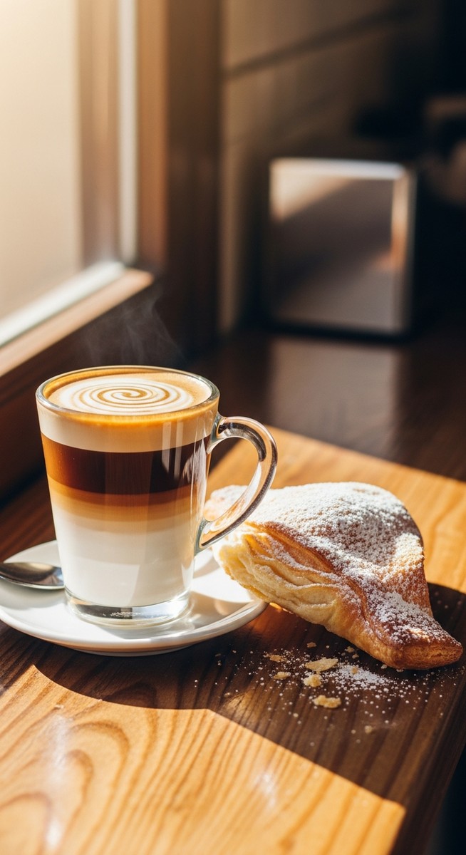 a cafe con leche and pastry on a Spanish cafe counter