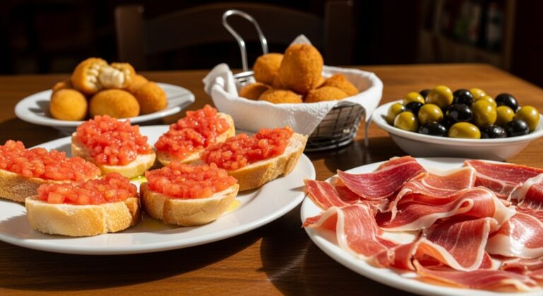 a spread of Spanish tapas on a restaurant table in Valencia featuring tapas