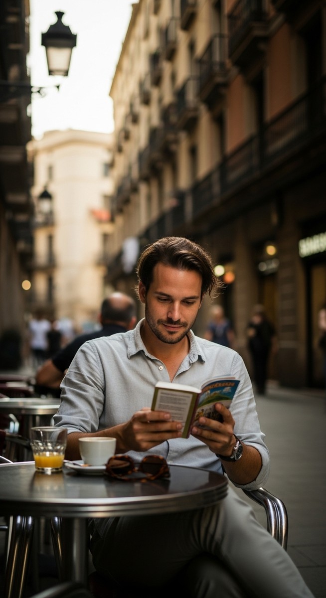a person at an outdoor cafe in Barcelona with a guidebook