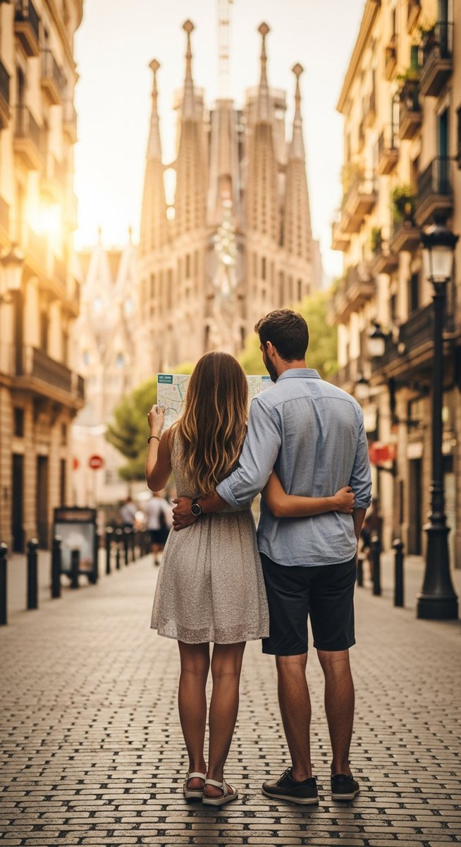 a couple looking at a map together in Barcelona