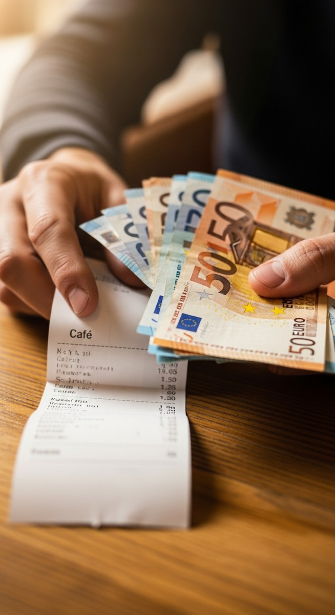 hands holding euro notes next to a cafe receipt at the best time to visit