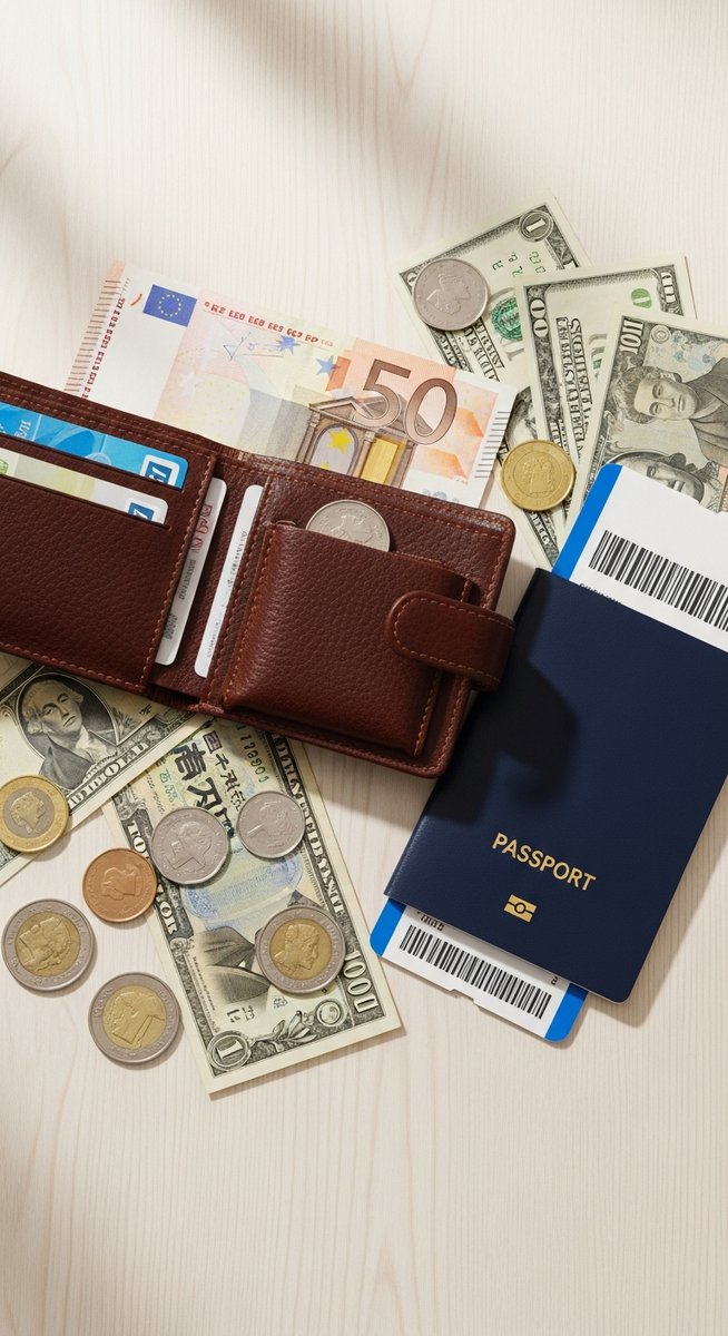 a travel wallet, passport and boarding pass flatlay