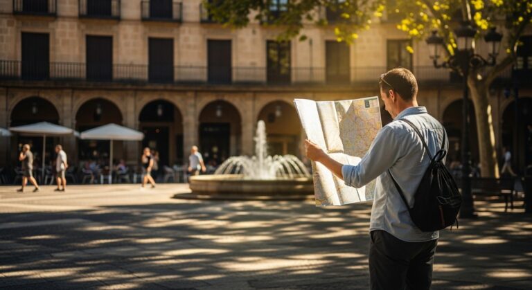 a traveller looking at a map in a sunny Spanish plaza at the best time to visit