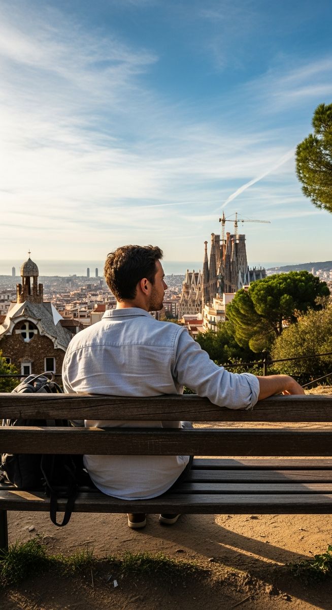 a traveller sitting on a bench in Barcelona at the best time to visit