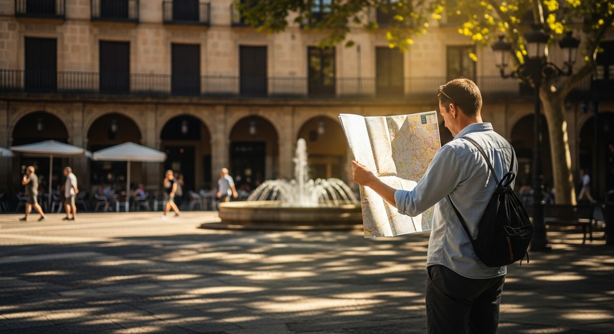 a traveller looking at a map in a sunny Spanish plaza at the best time to visit