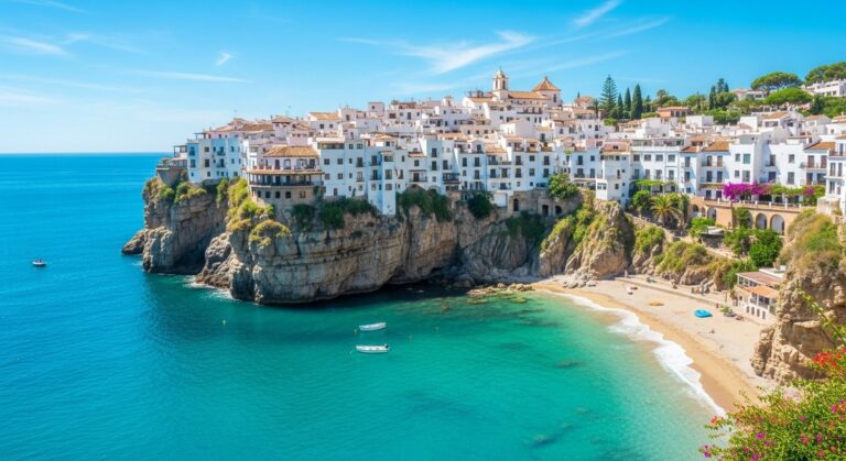 a scenic Spanish coastal town with white buildings and turquoise sea on the Costa Brava