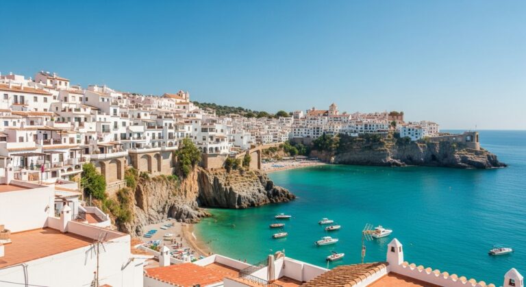 a scenic Spanish coastal town with white buildings and turquoise sea on the Costa del Sol