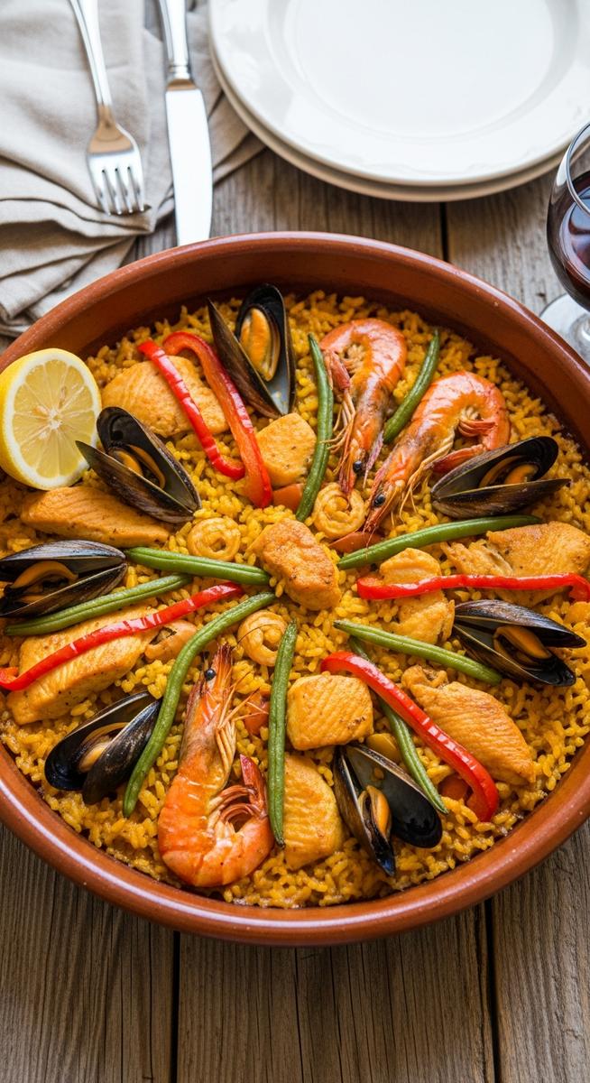a bowl of paella valenciana in a terracotta dish