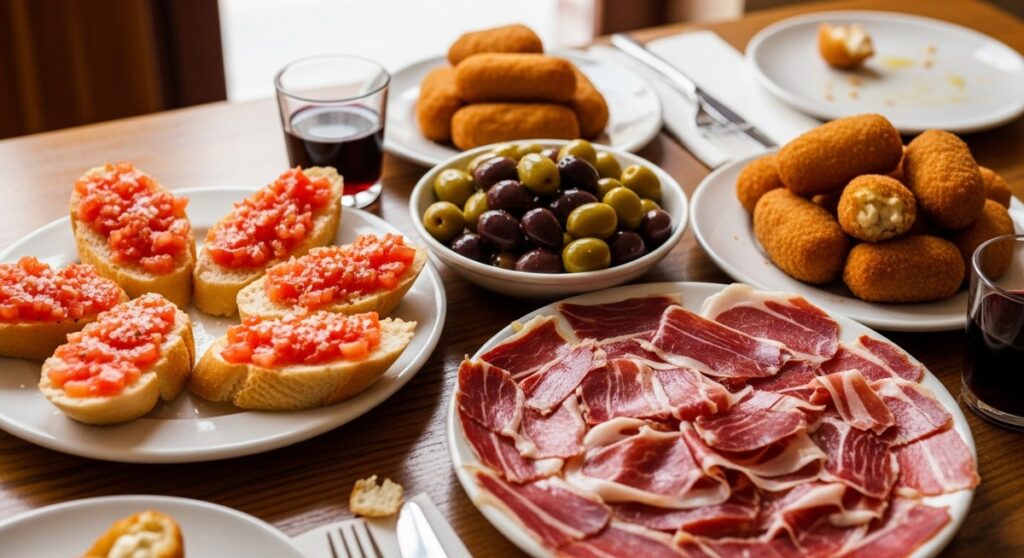 a spread of Spanish tapas on a restaurant table in Valencia