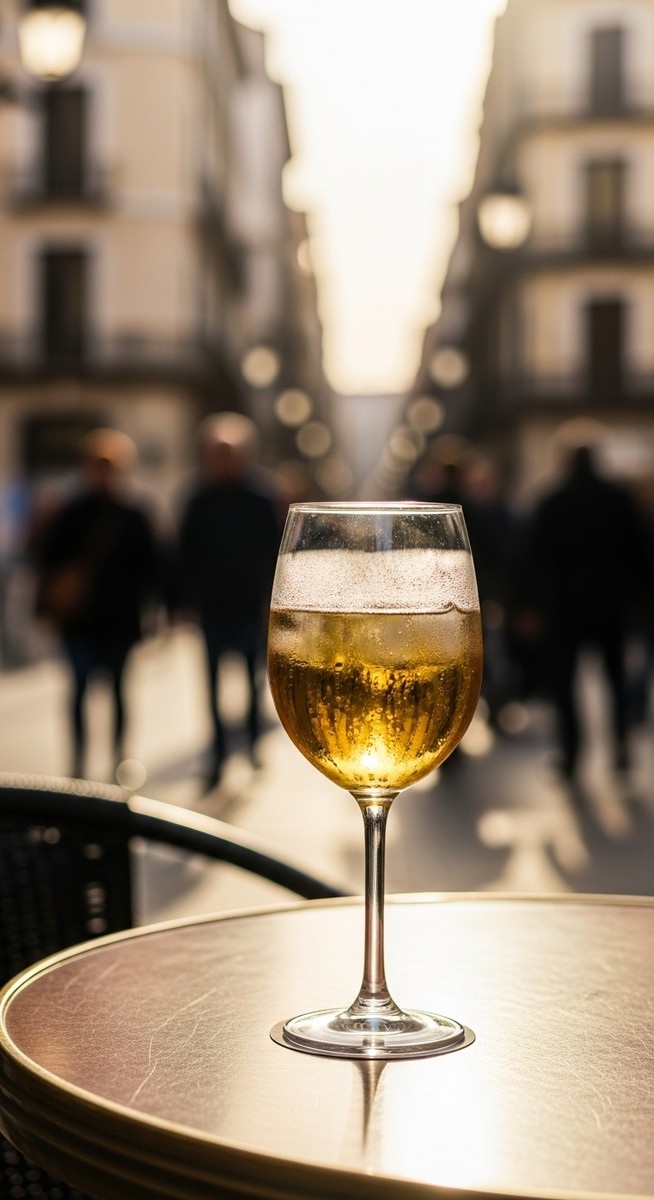 a glass of Spanish wine on a cafe table in Valencia