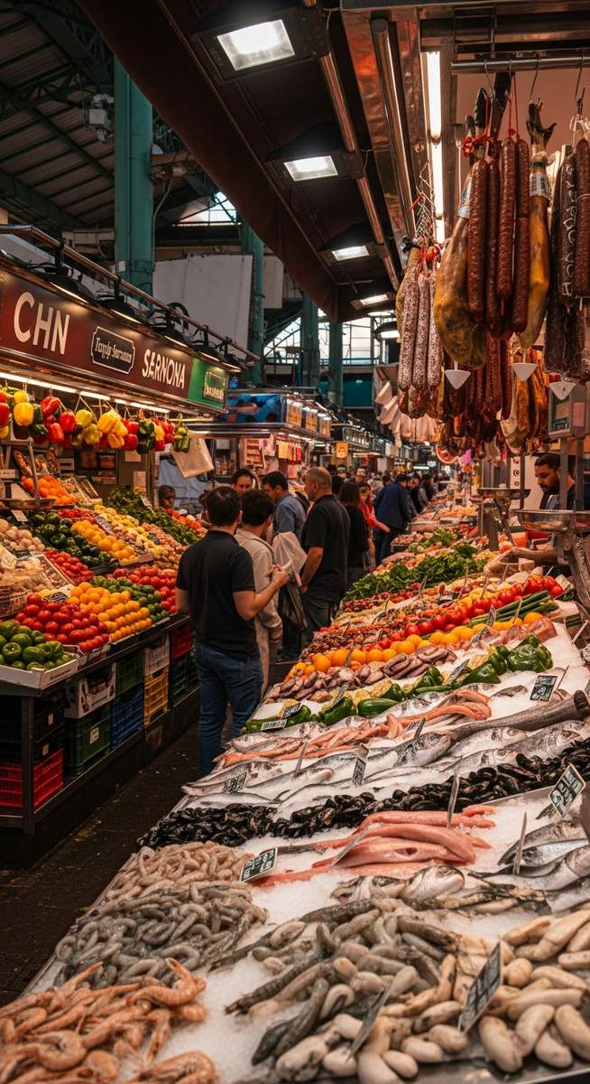 a Valencia food market with colourful stalls