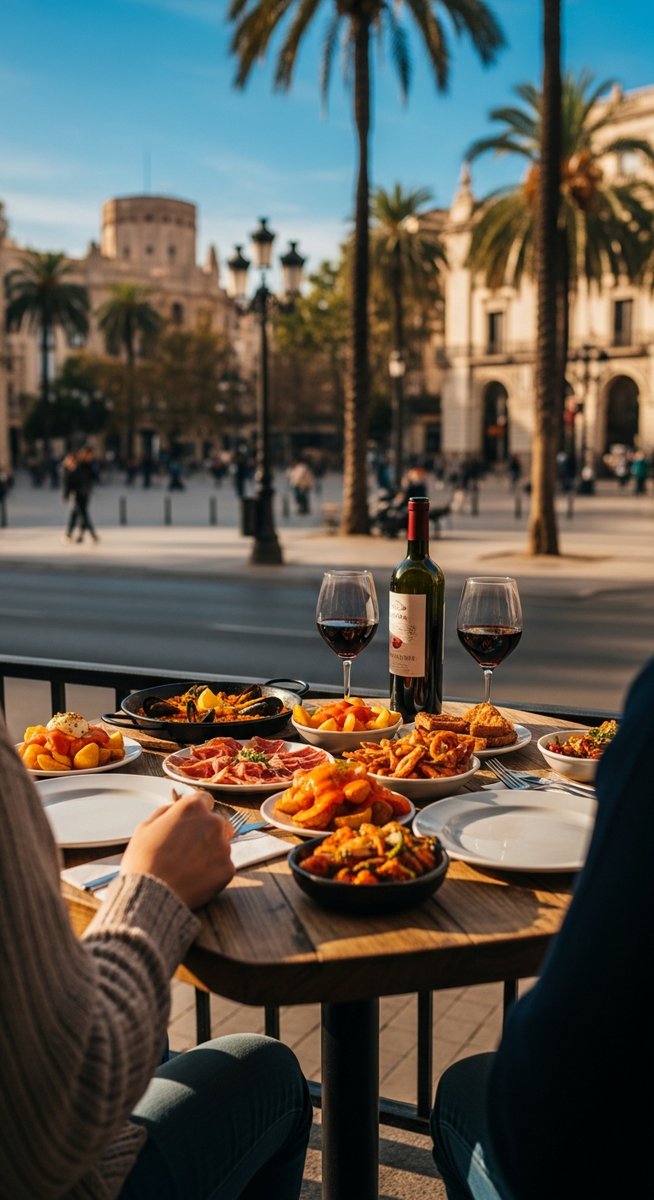 two friends at a restaurant terrace in Valencia with food and wine