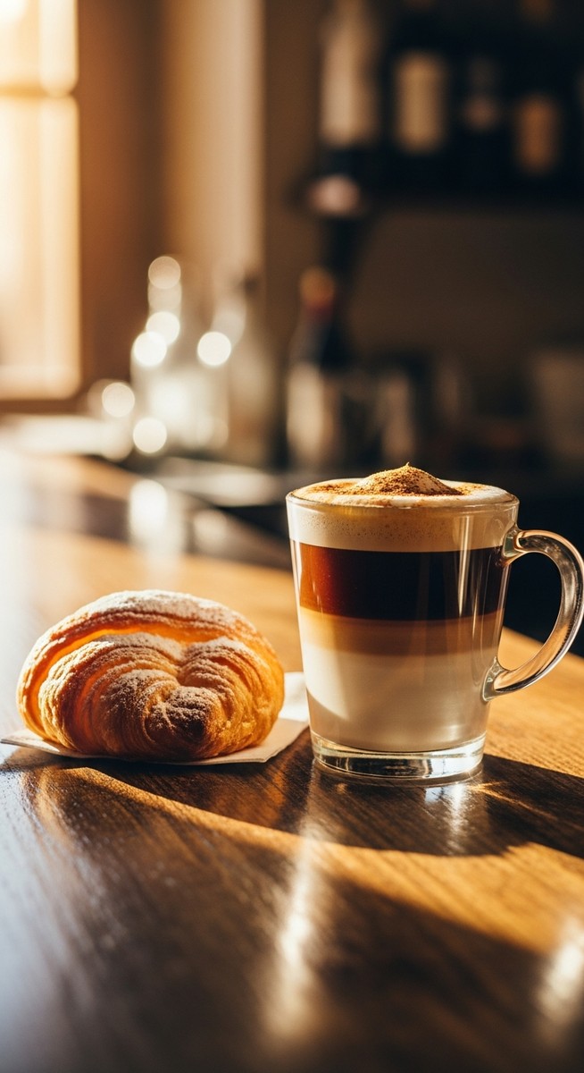 a cafe con leche and pastry on a Spanish cafe counter