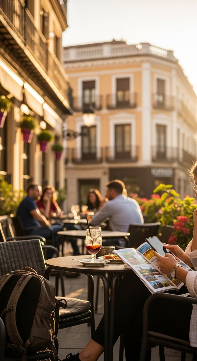 a person at an outdoor cafe in Spain with a guidebook