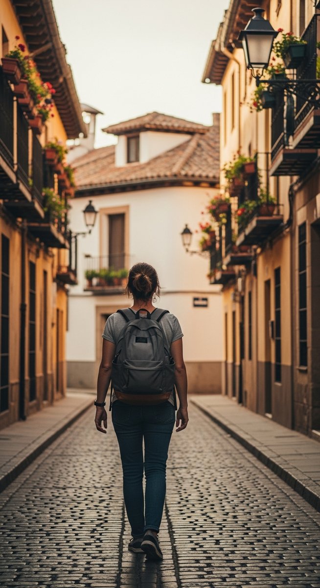 a woman exploring a Spain neighbourhood solo while travelling Spain on a budget