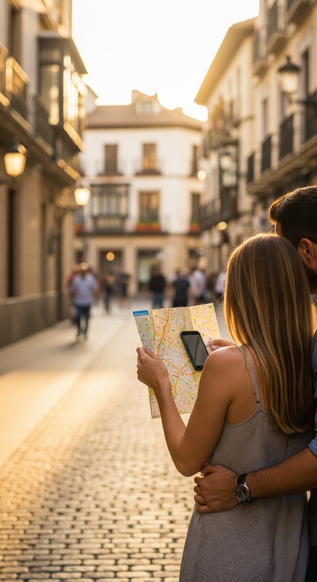 a couple looking at a map together in Spain