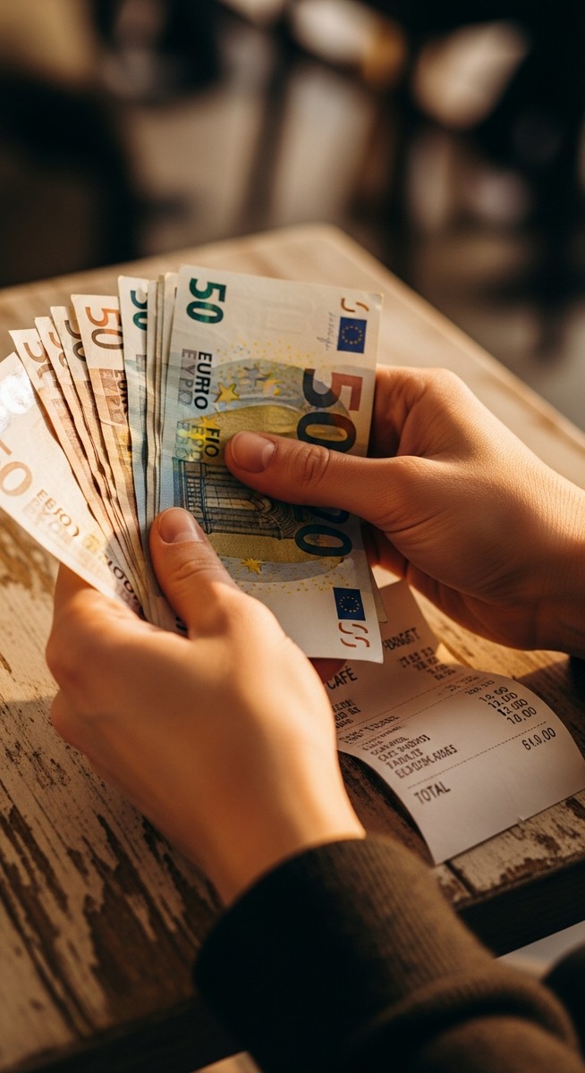 hands holding euro notes next to a cafe receipt while travelling Spain on a budget