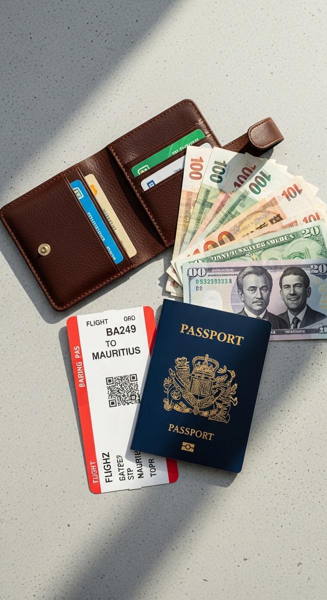 a travel wallet, passport and boarding pass flatlay