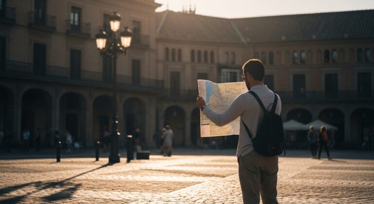 a traveller looking at a map in a sunny Spanish plaza while travelling Spain on a budget