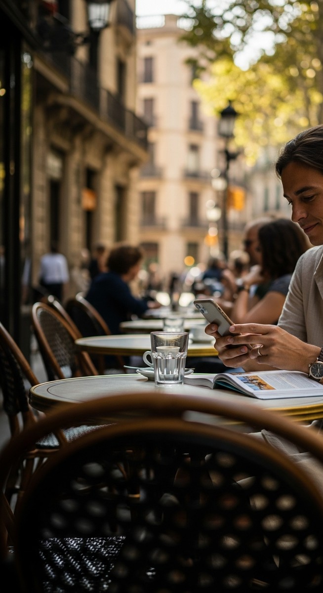 a person at an outdoor cafe in Barcelona with a guidebook