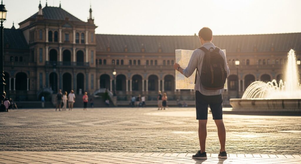 a traveller looking at a map in a sunny Spanish plaza in Barcelona
