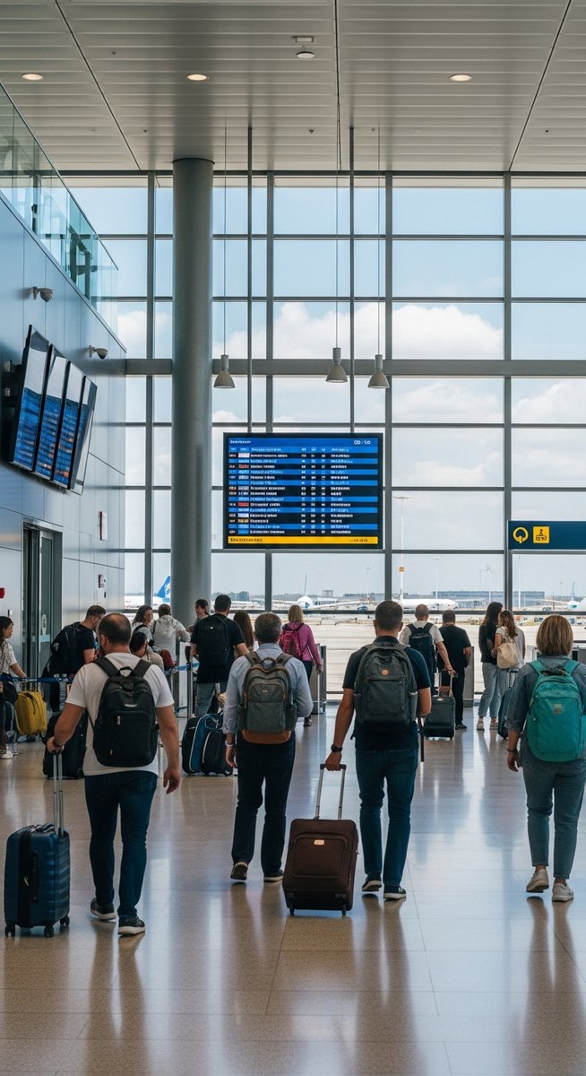 a Spanish airport with travellers