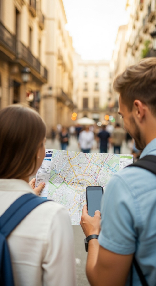 a couple looking at a map together in Barcelona