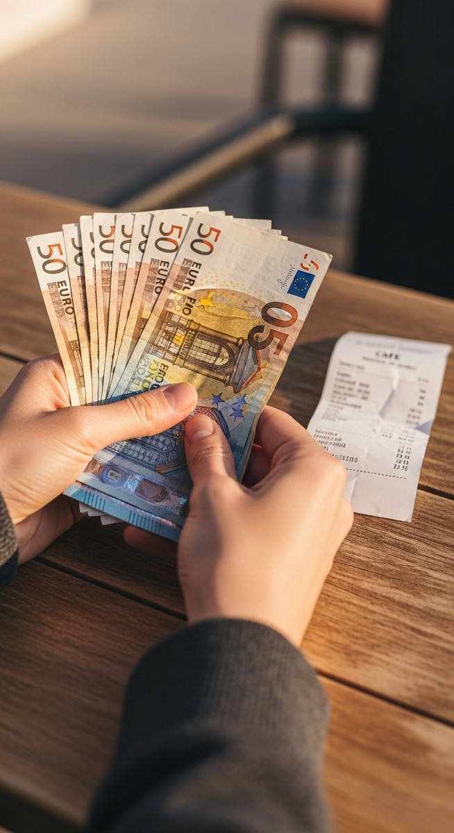 hands holding euro notes next to a cafe receipt in Barcelona