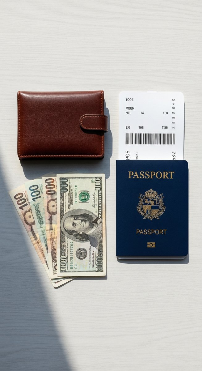 a travel wallet, passport and boarding pass flatlay
