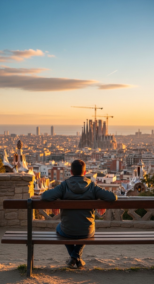 a traveller sitting on a bench in Barcelona