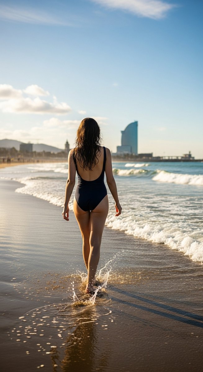 a woman walking along the shoreline of a Barcelona beach