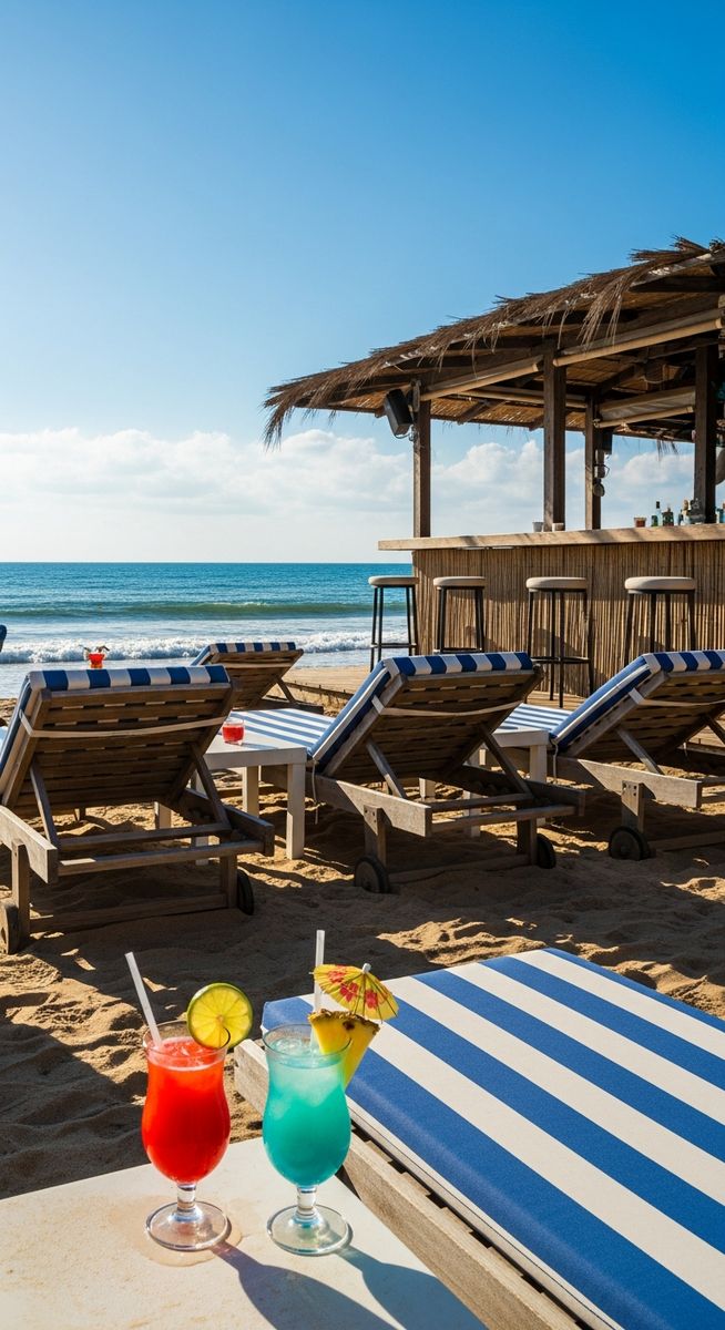a beach bar on the Barcelona coast with sun loungers