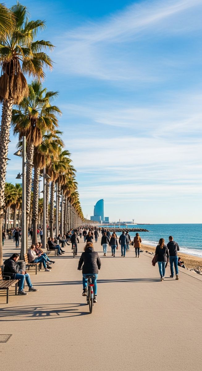 the Barcelona seafront promenade with palm trees