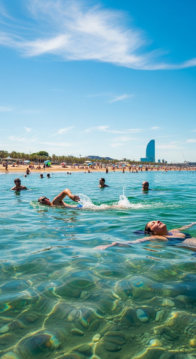 people swimming in the sea off a Barcelona beach