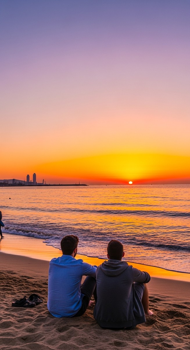 two friends sitting on a Barcelona beach at sunset