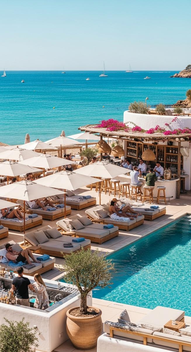 a Spanish beach club with sunbeds and umbrellas