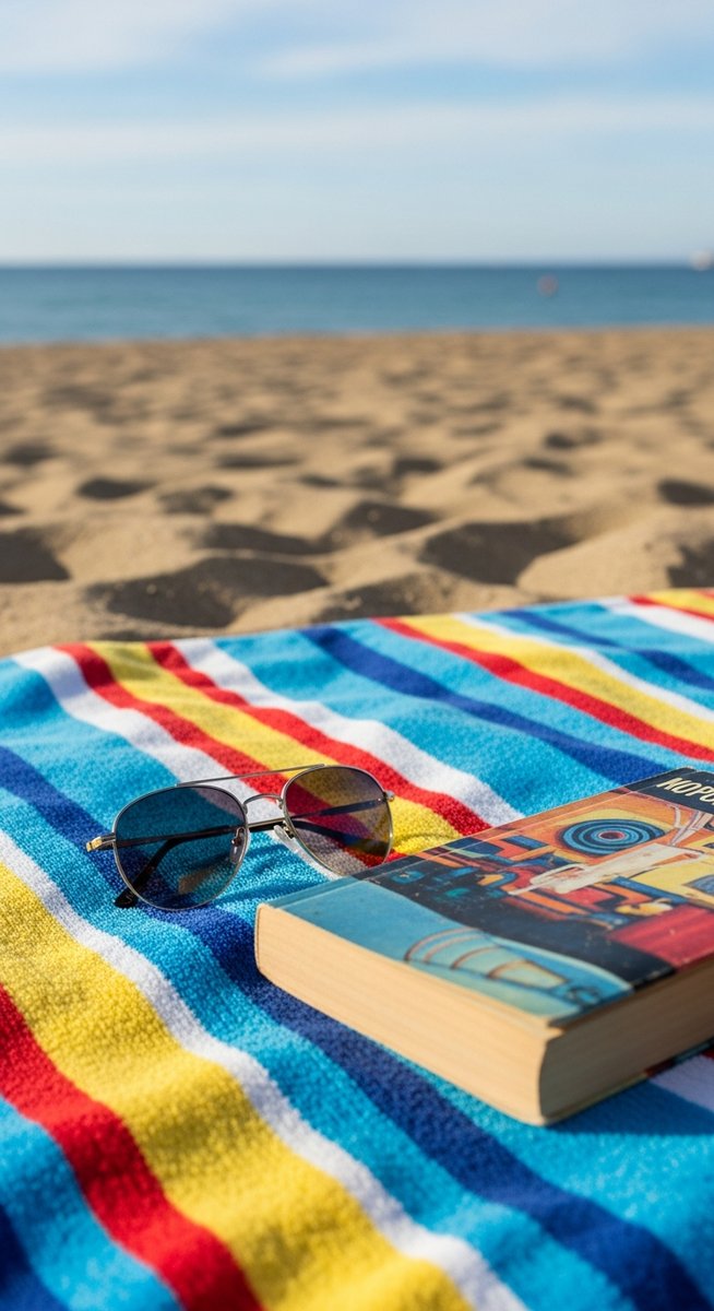 a beach towel and sunglasses on a Barcelona beach