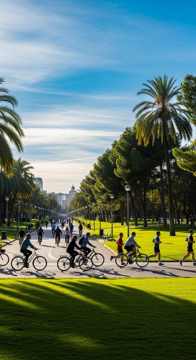 the Turia Gardens in Valencia with cyclists and joggers