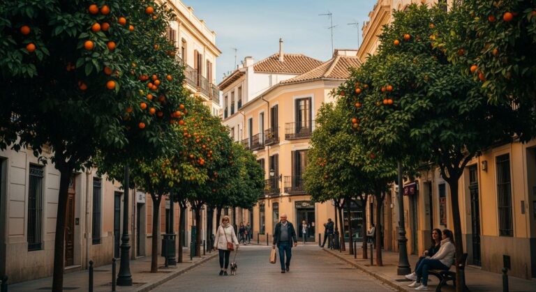 a residential street in Valencia with orange trees illustrating the cost of living in Valencia