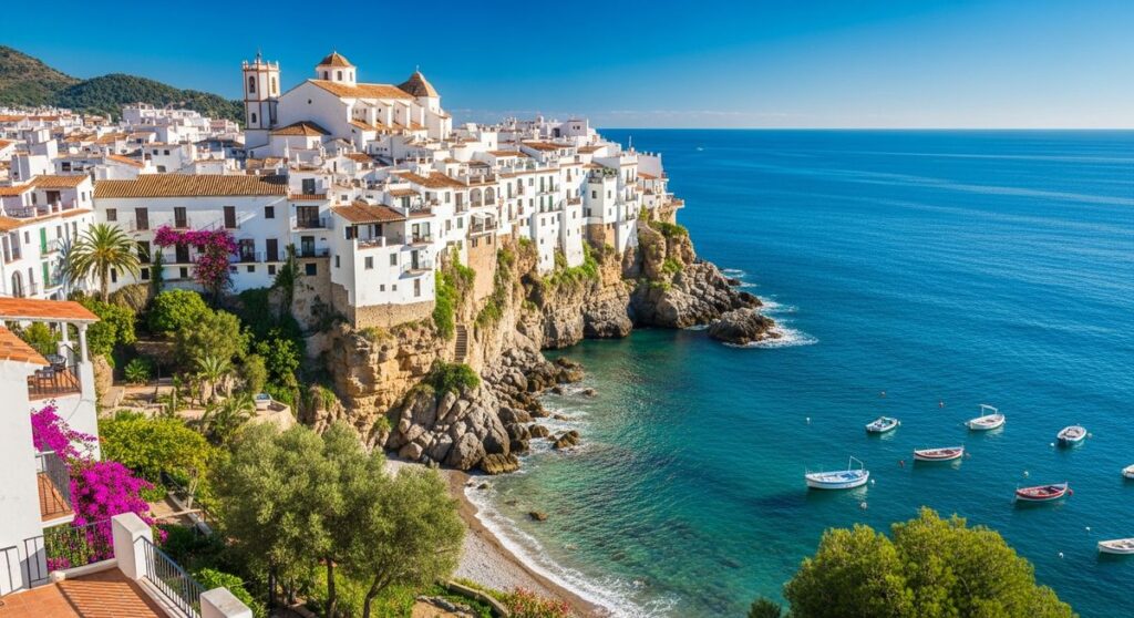 a scenic Spanish coastal town with white buildings and turquoise sea on a day trip from Barcelona